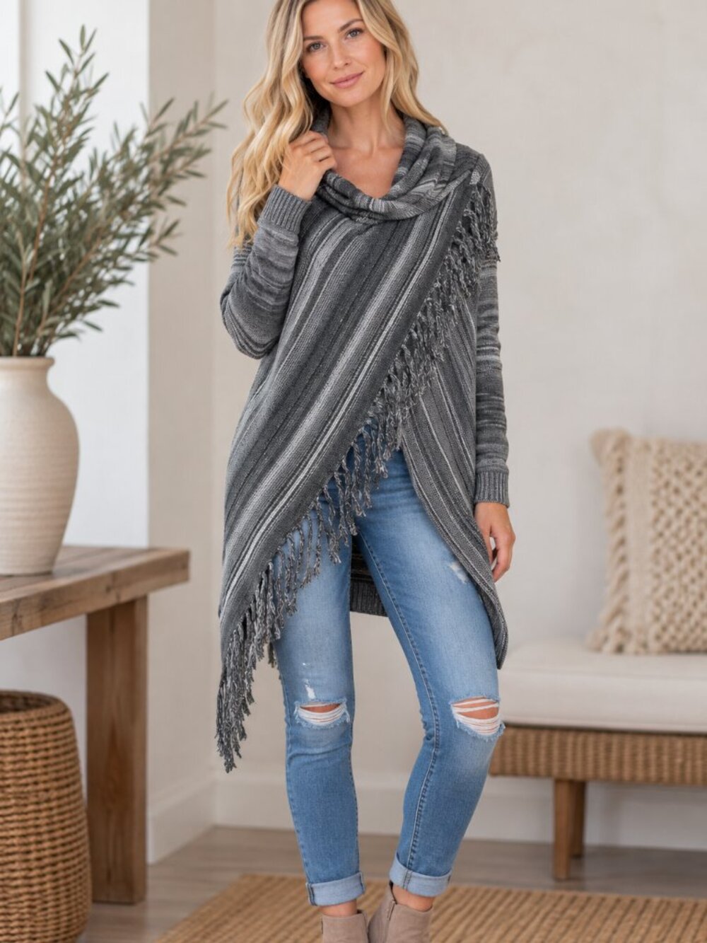 217. L/S Spacedye Asymmetrical Fringed Cardigan Sweater